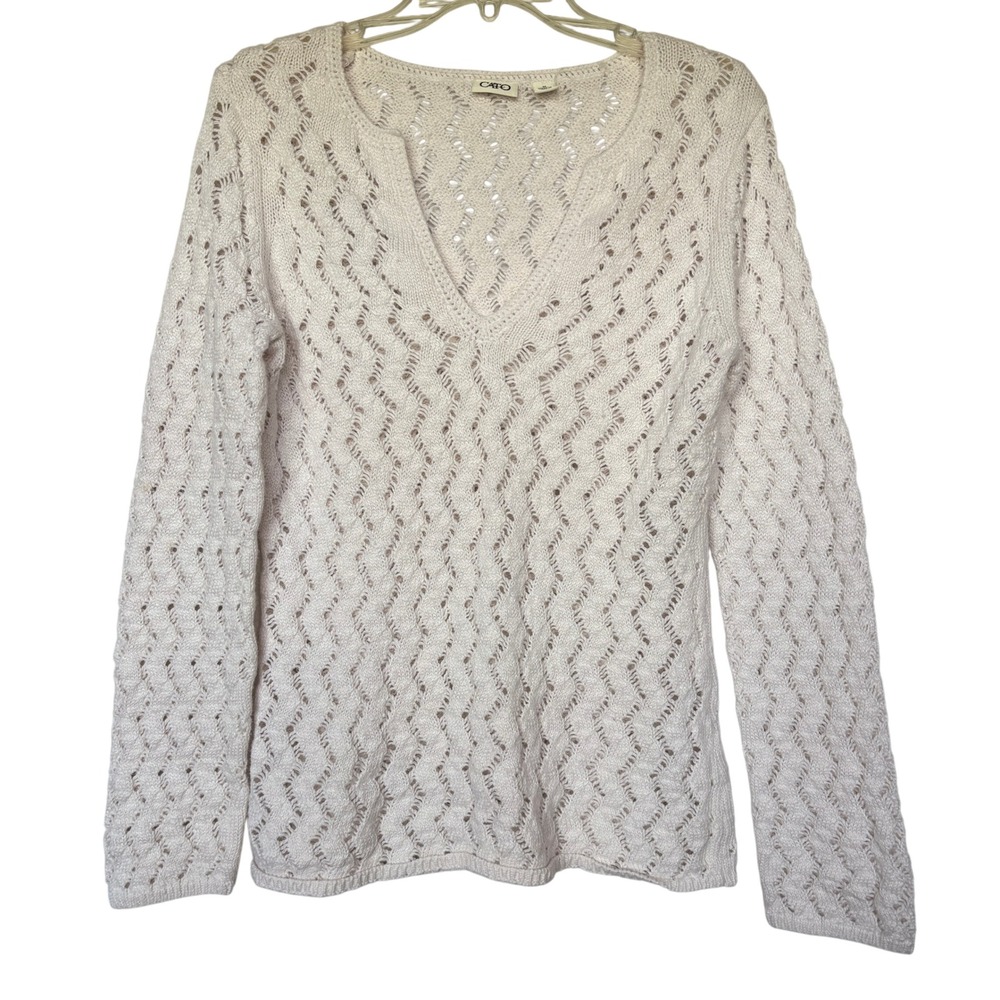 CATO Women's White Open Knit V Neck Long Sleeve Sweater Medium